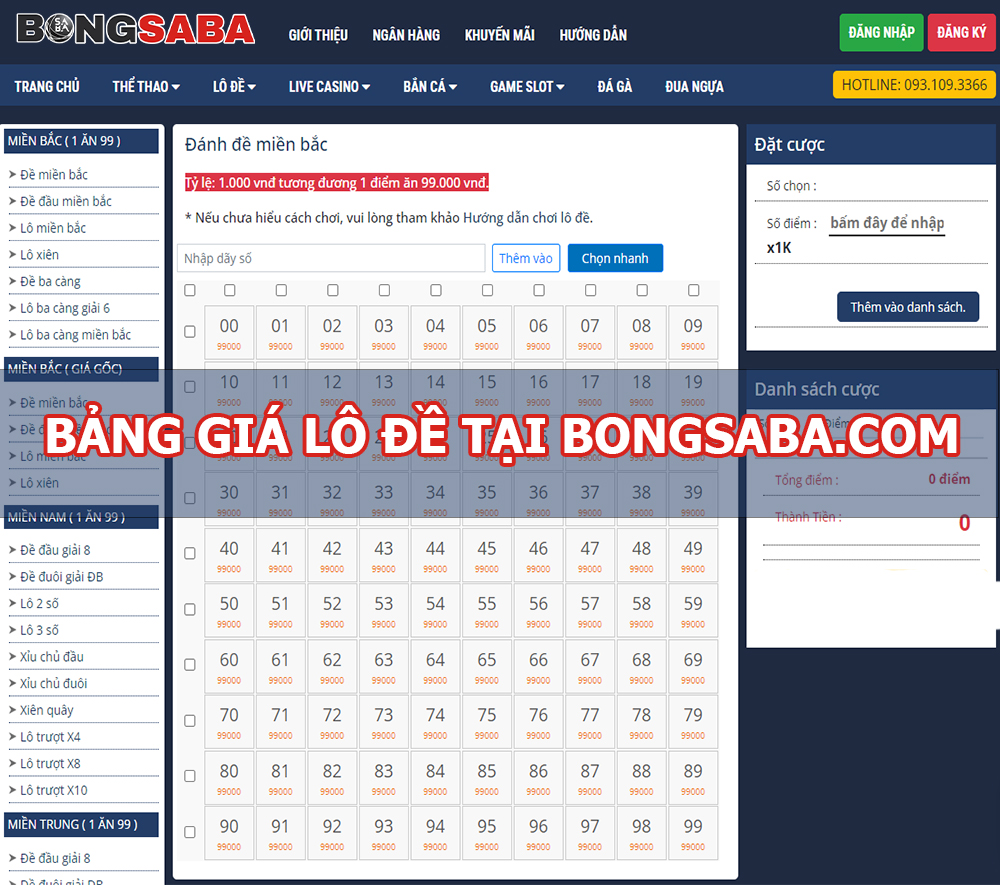 Bảng giá lô đề online tại Bongsaba.com